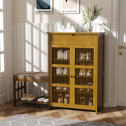 Bamboo Shoe Storage Cabinet with Cushioned Bench Seat