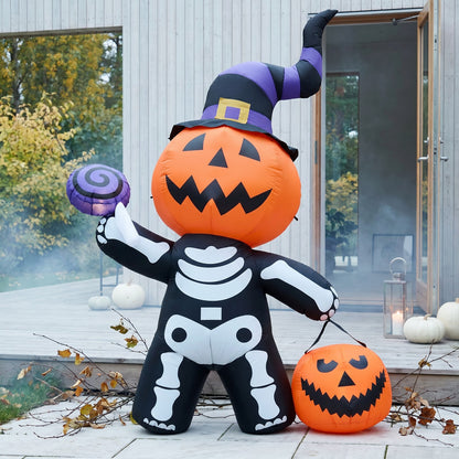 8FT Halloween Inflatable Pumpkin-Headed Skeleton Decoration with Built-in Lights