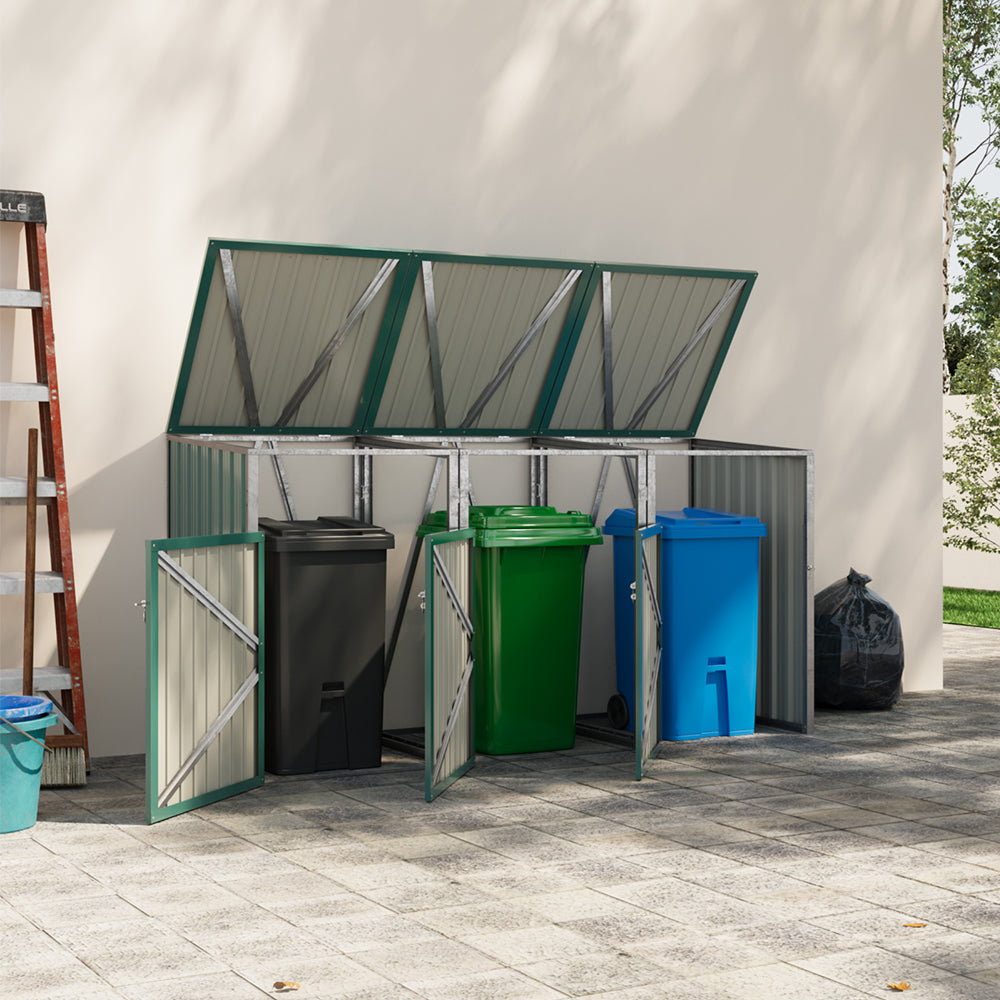 Green Metal Outdoor Garbage Bin Shed For 3 Trash Bin