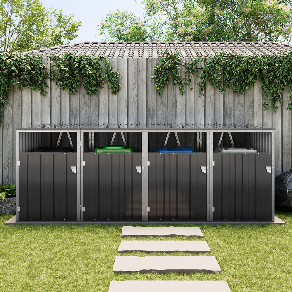 Black Metal Outdoor Garbage Bin Shed For 4 Trash Bin