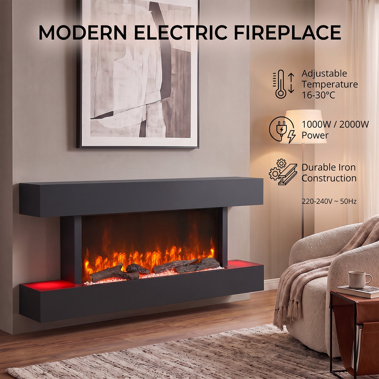 52inch Wall Mounted Electric Fireplace with Remote Control