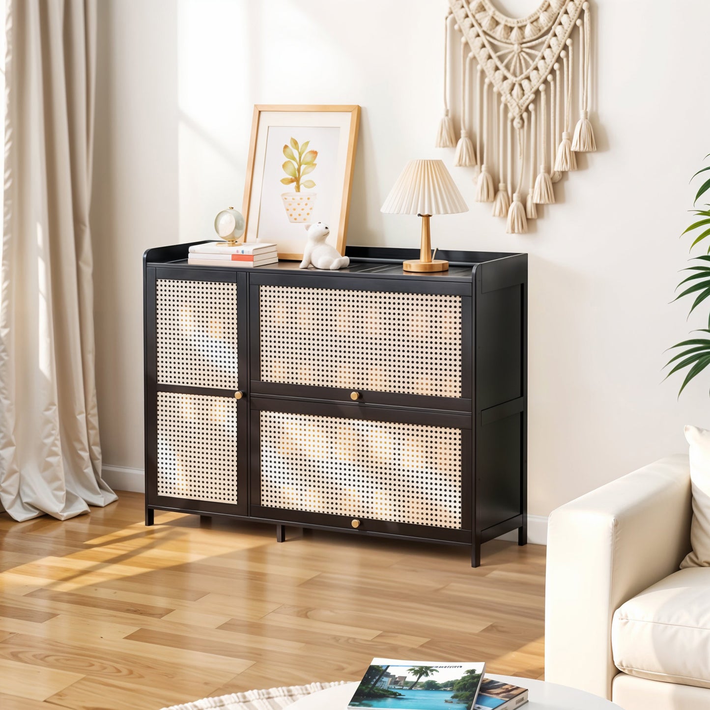 3-Door Rattan-Style Shoe Cabinet with Flip-Down Storage