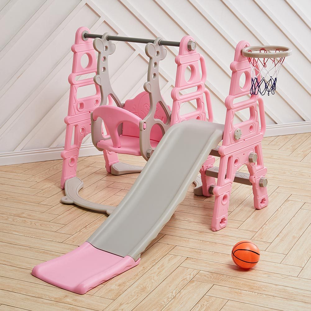 Blue Pink Kids Toddler Swing and Slide Set with Basketball Hoop