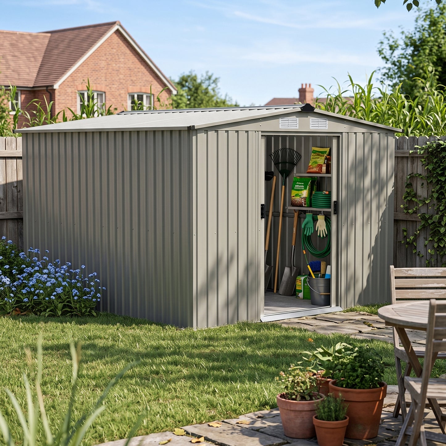 8x8FT Apex Roof Metal Garden Storage Shed with Sliding Door