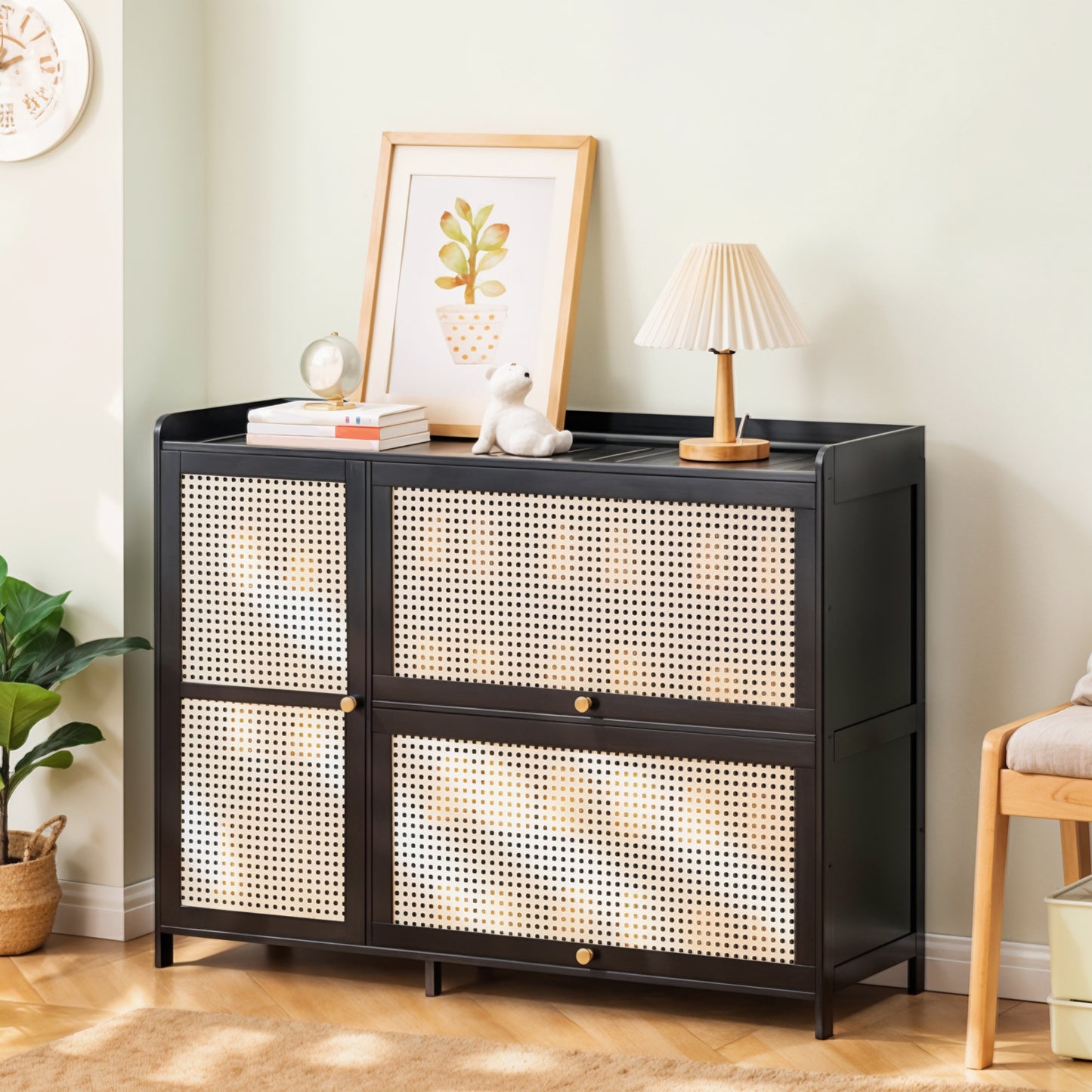 3-Door Rattan-Style Shoe Cabinet with Flip-Down Storage
