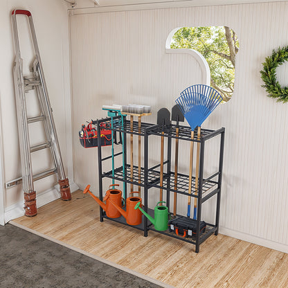 Metal Garden Tool Storage Rack with Two Tier Shelves