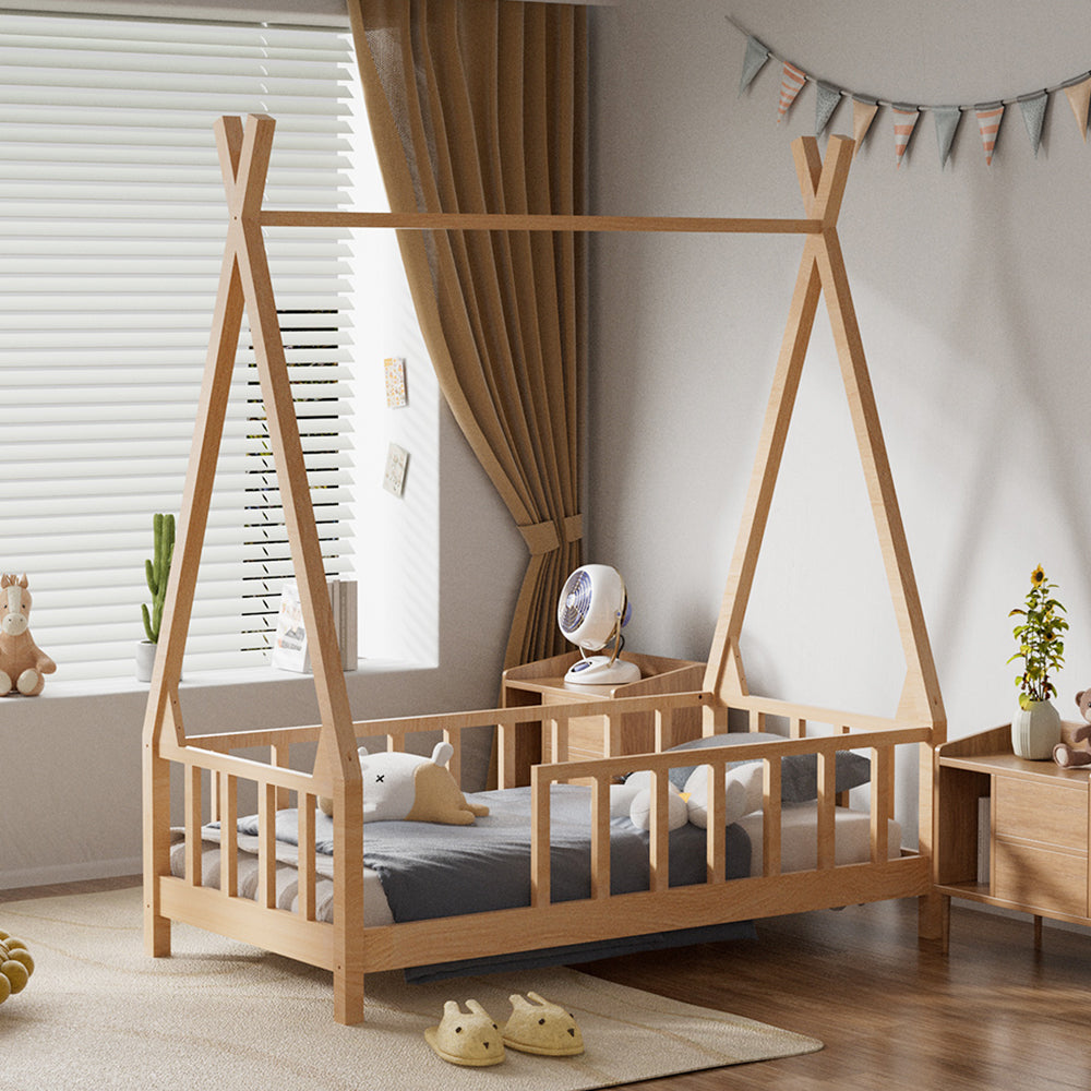 Kid’s Premium Wood House Bed Frame with Fence