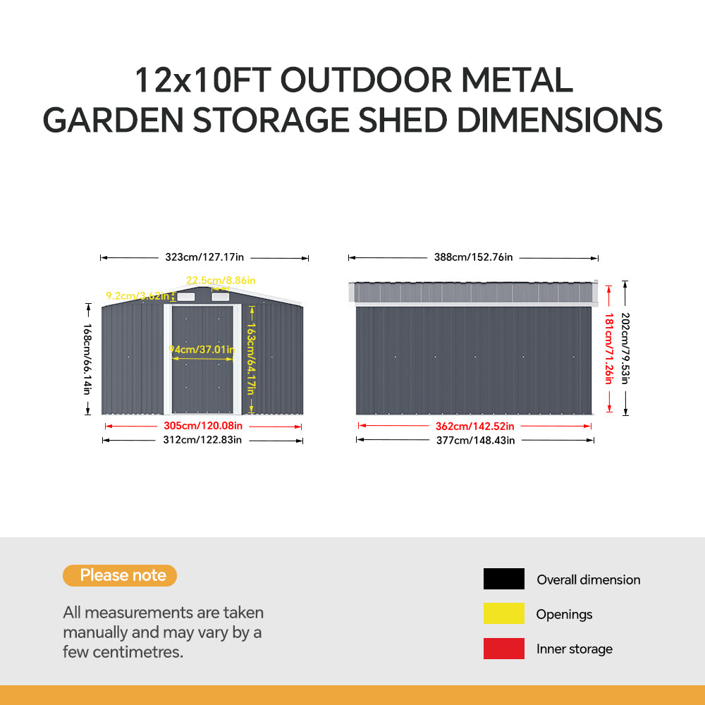 12x10 FT Metal Apex Roof Tool Shed