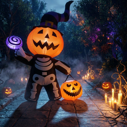8FT Halloween Inflatable Pumpkin-Headed Skeleton Decoration with Built-in Lights