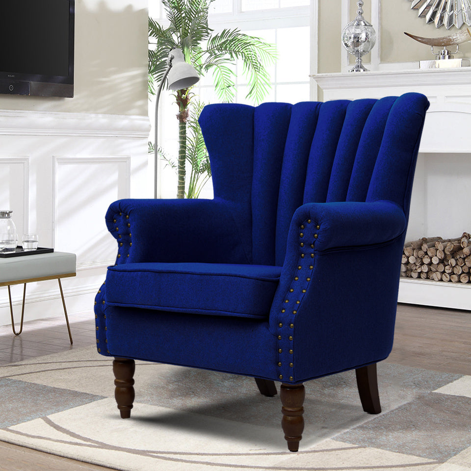 Blue/Grey Vintage Linen Upholstered Wing Back Armchair