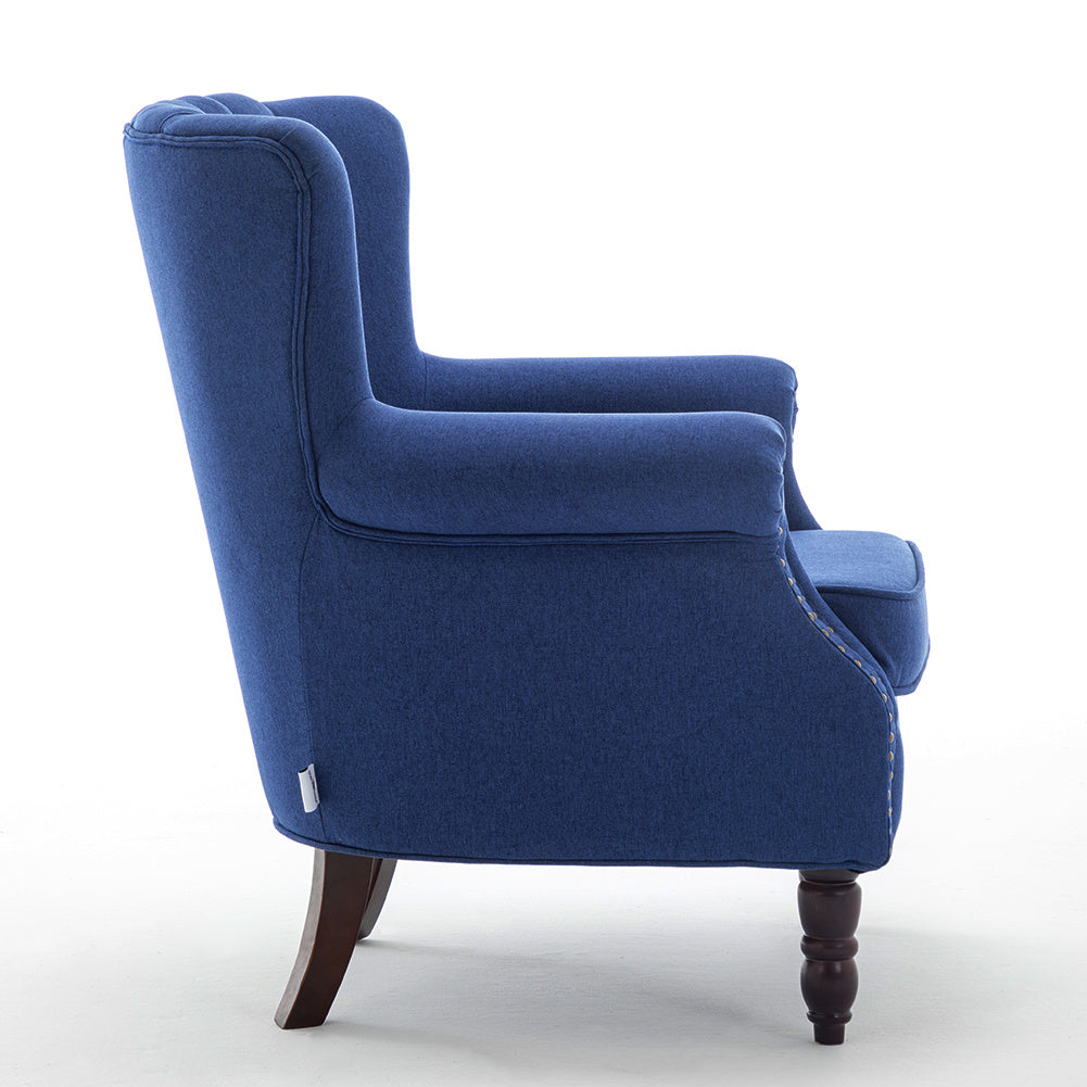 Blue/Grey Vintage Linen Upholstered Wing Back Armchair