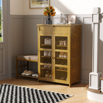 Bamboo Shoe Storage Cabinet with Cushioned Bench Seat