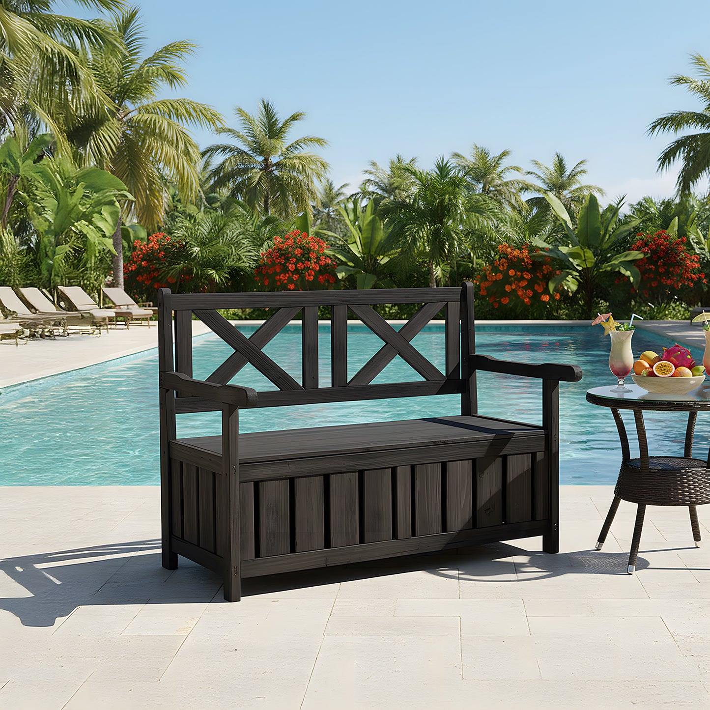 Outdoor Wooden Storage Bench with Backrest