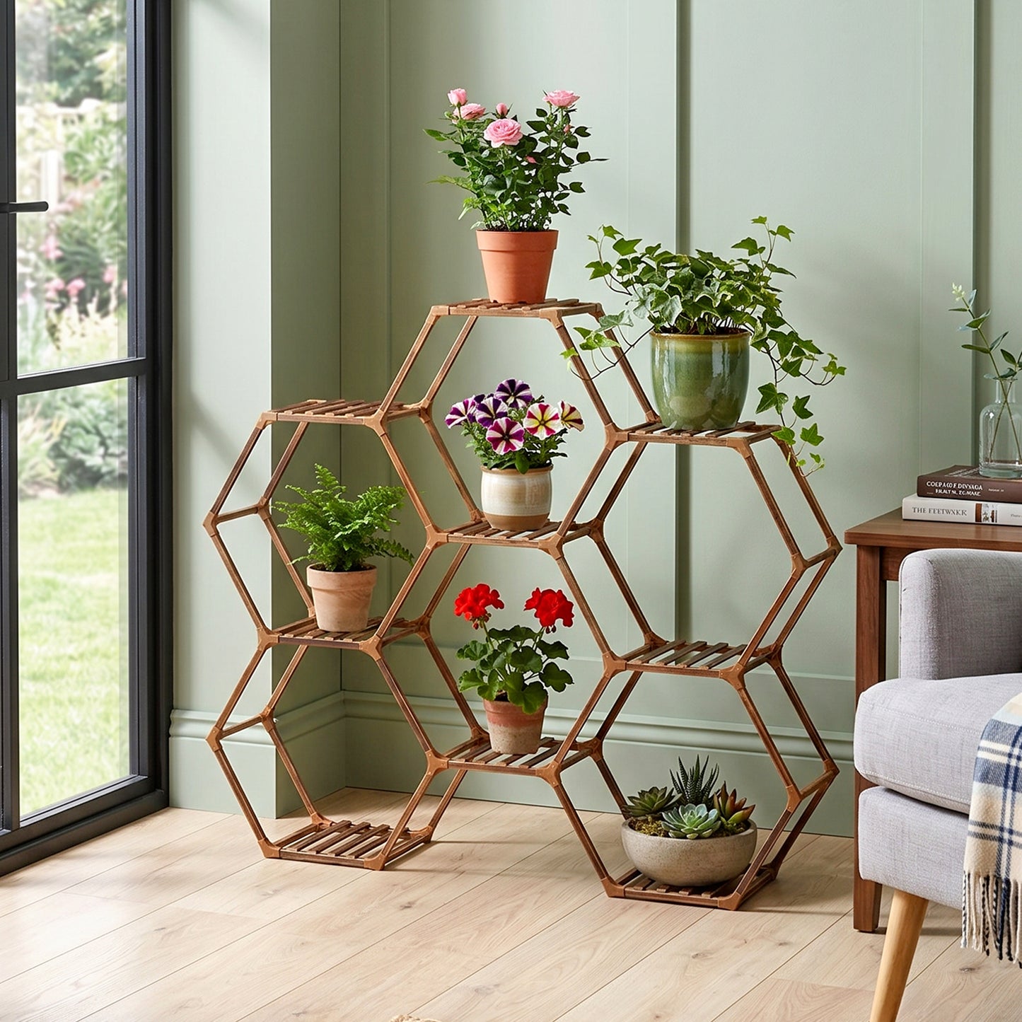 9-Potted Hexagonal Eucalyptus Wood Plant Stand