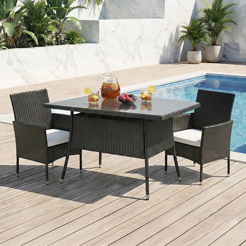 Garden Rattan Tempered Glass Top Rectangular Table with Parasol Hole
