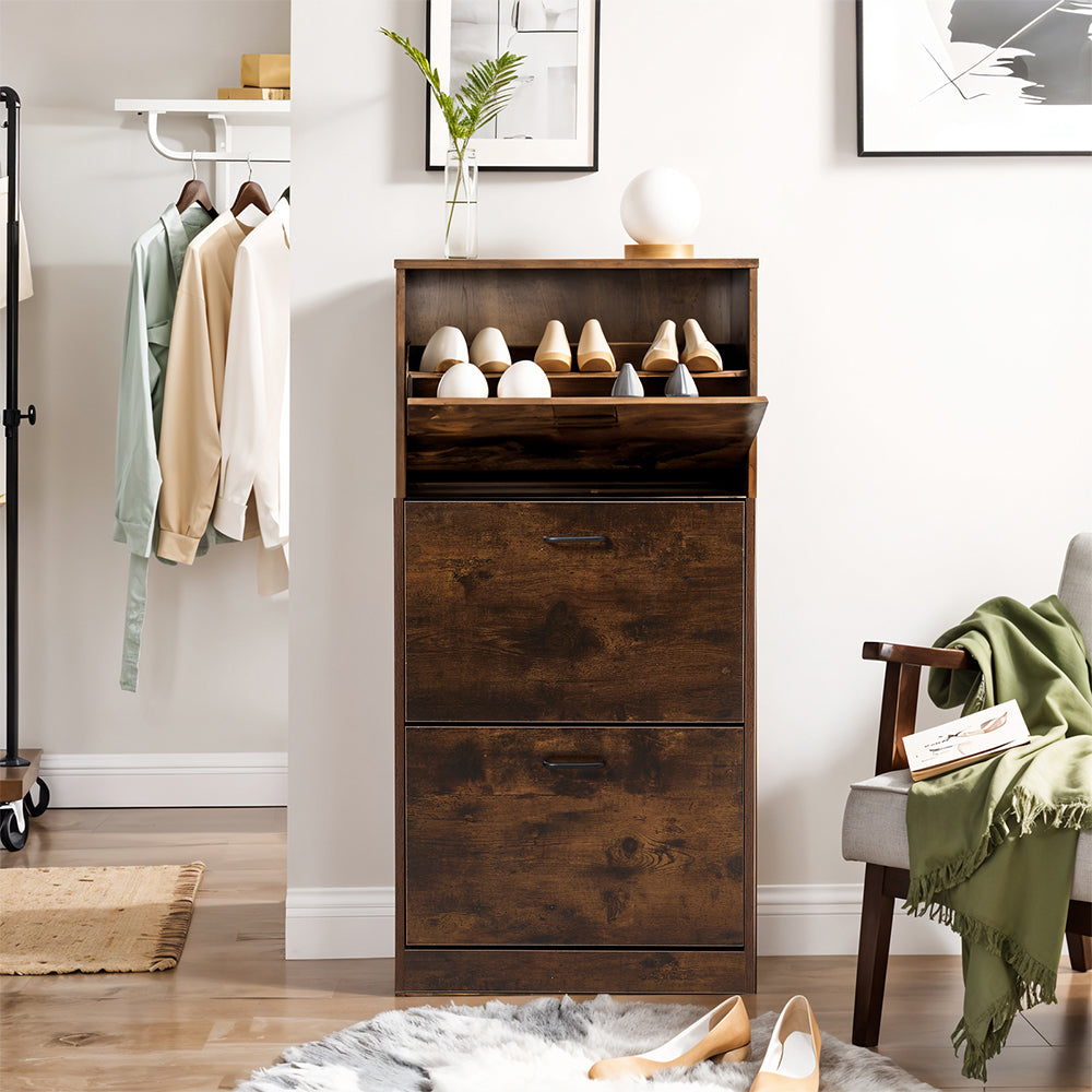 3-Tier Wooden Shoe Storage Cabinet with Flip-Down Drawers