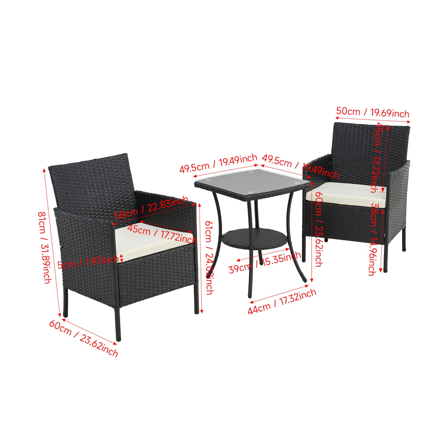 3-Piece PE Rattan Wicker Garden Furniture Bistro Set