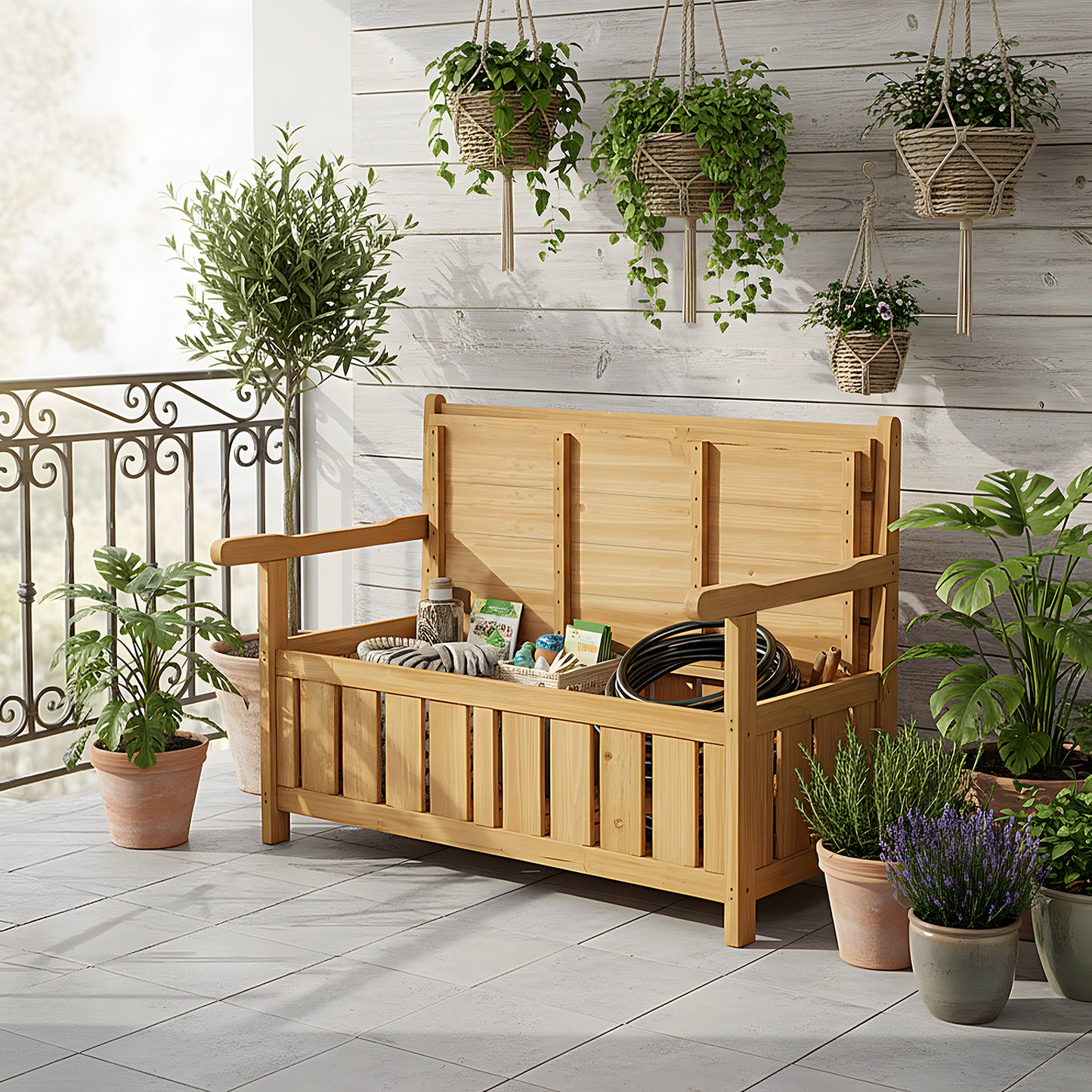Outdoor Wooden Storage Bench with Backrest