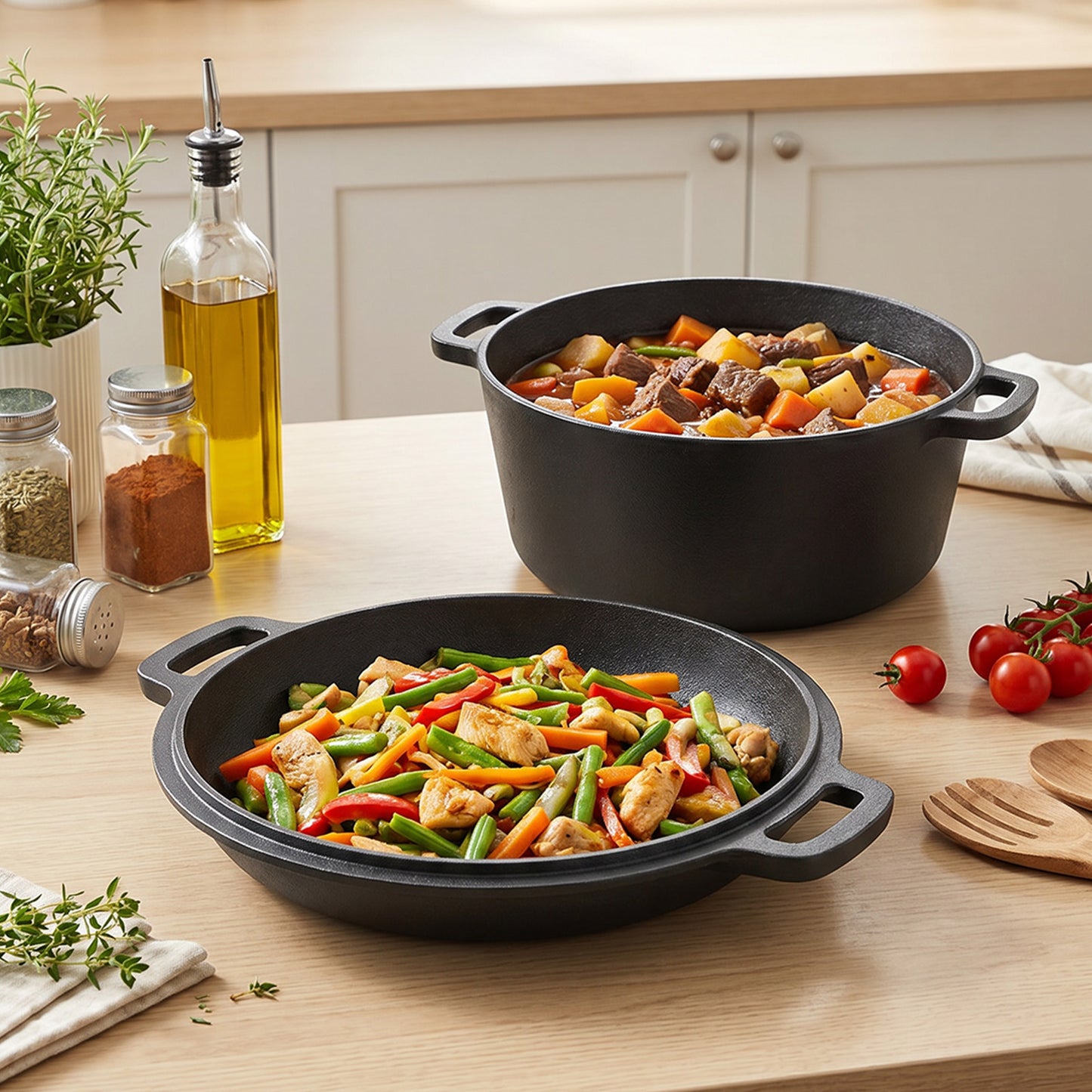2-in-1 5L Cast Iron Dutch Oven with Reversible Lid