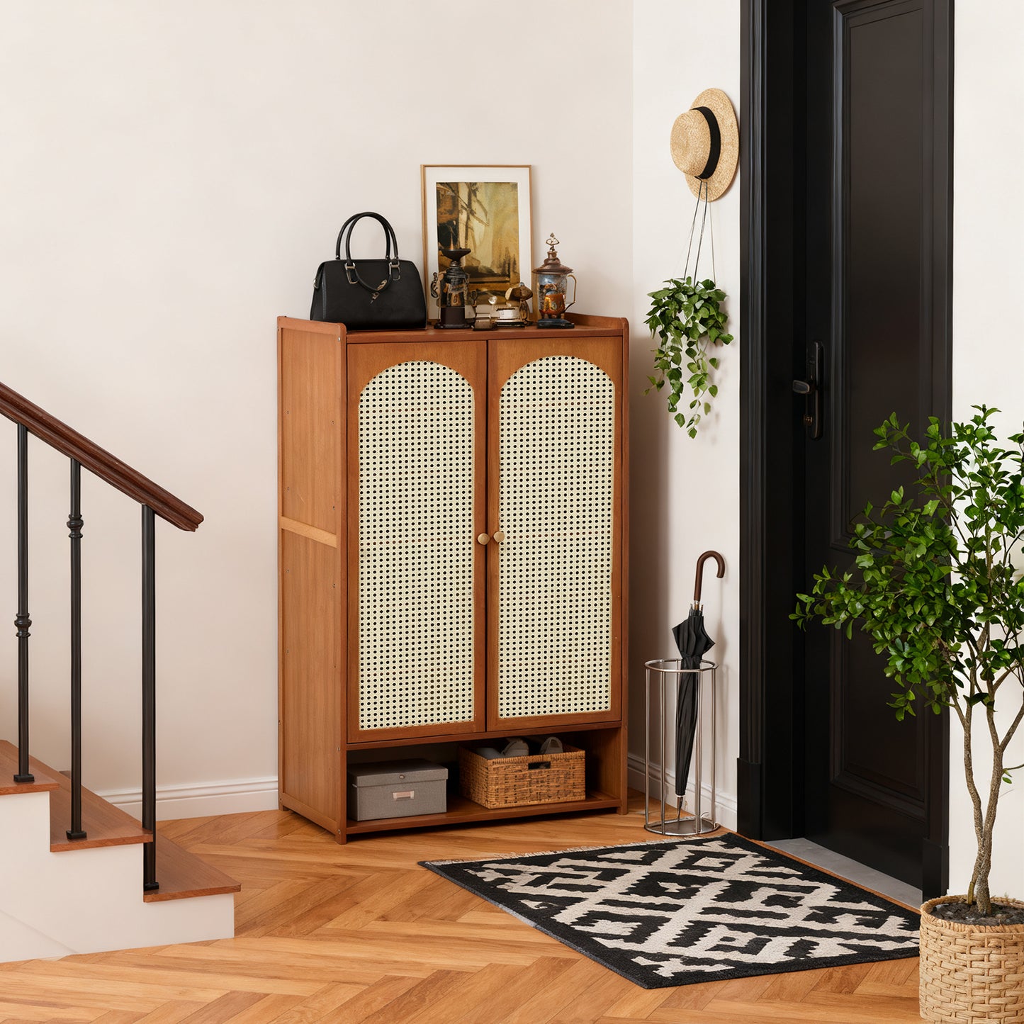 111CM H Modern Shoe Storage Cabinet with Rattan-Effect Doors