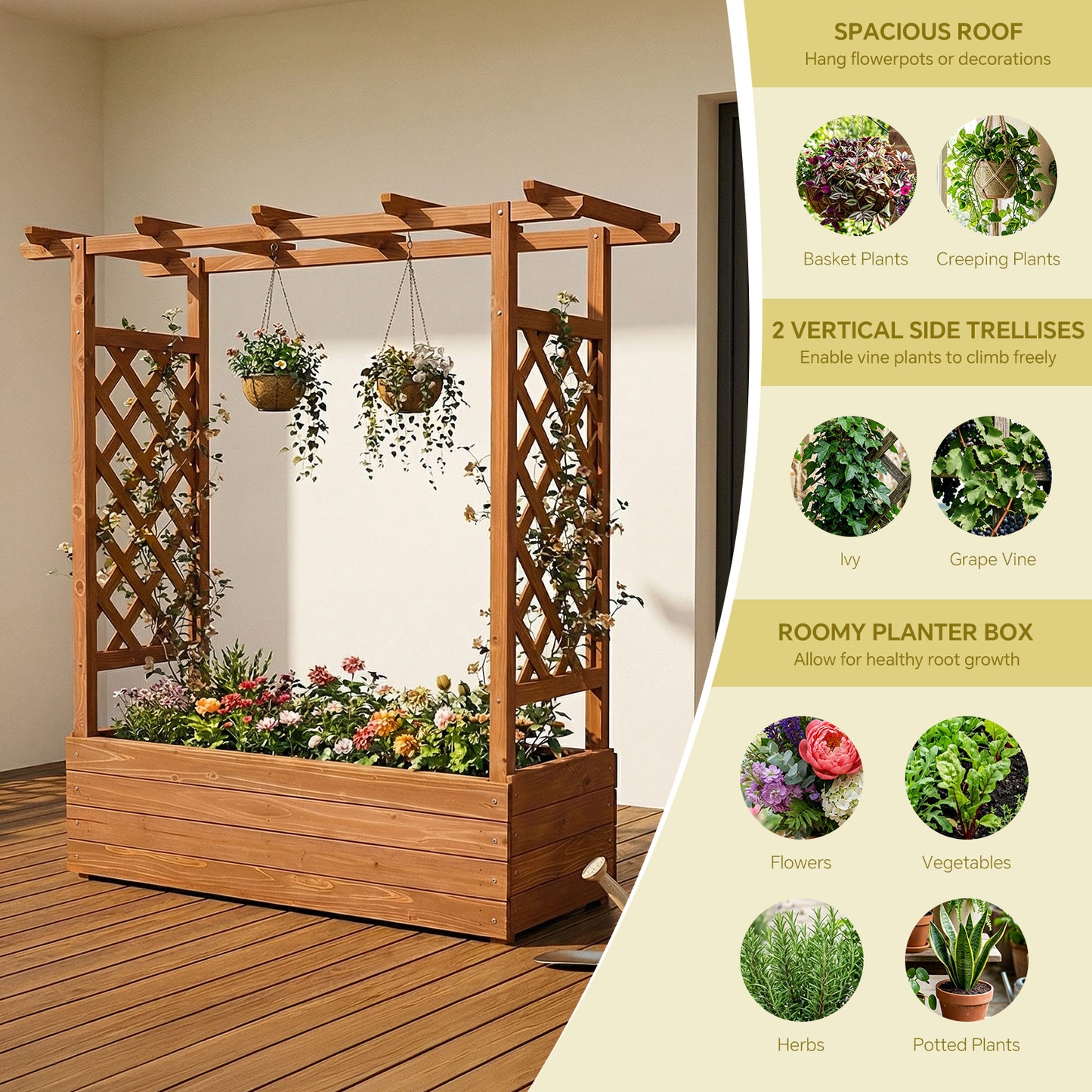 Raised Garden Bed with Side Trellis and Hanging Roof