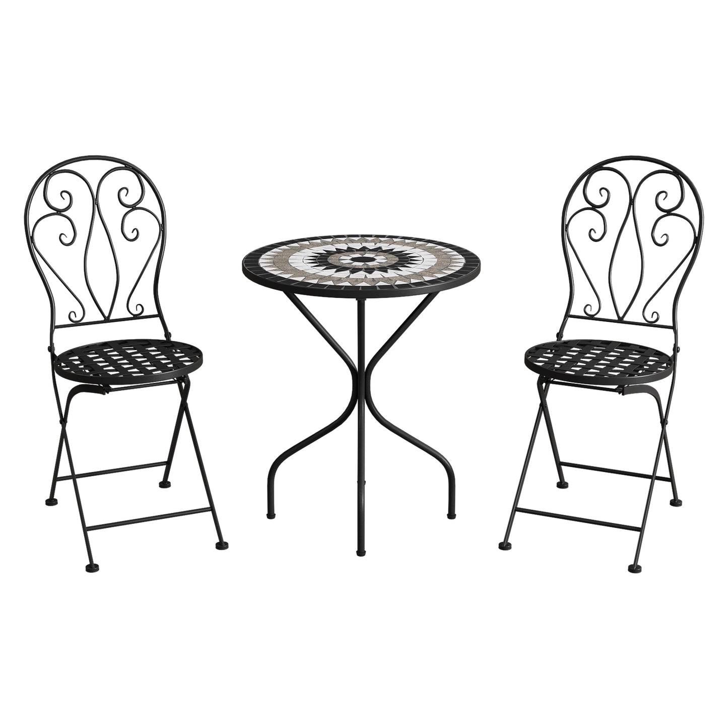 3 Piece Black Aluminium Garden Bistro Set with Mosaic Table Top