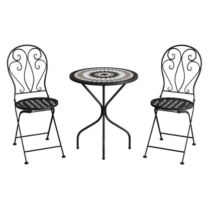 3 Piece Black Aluminium Garden Bistro Set with Mosaic Table Top