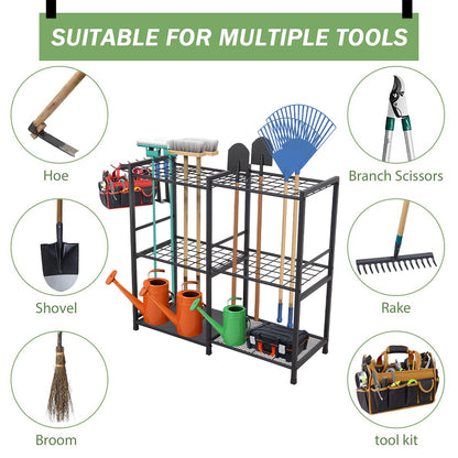 Metal Garden Tool Storage Rack with Two Tier Shelves