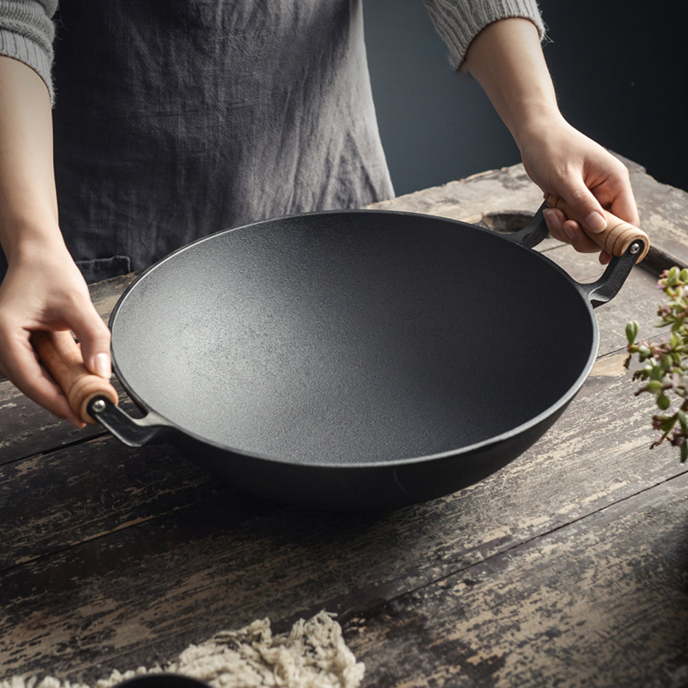 Round Cast Iron Wok with Dual Handles
