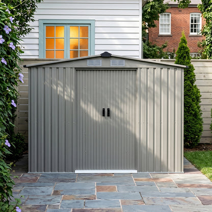 8x8FT Apex Roof Metal Garden Storage Shed with Sliding Door