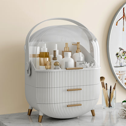 White/Green Elegant Makeup Storage Organizer Box with Drawers and Handle