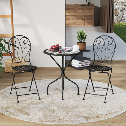 3 Piece Black Aluminium Garden Bistro Set with Mosaic Table Top