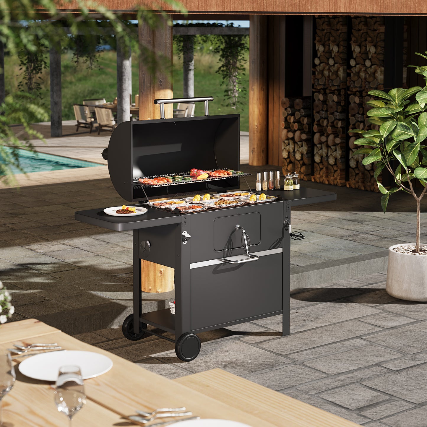 Outdoor Carbon Steel Grill with Smoke Stack