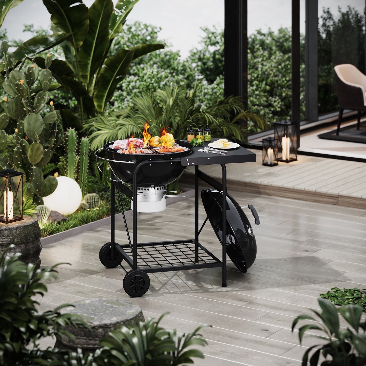 Outdoor Round Charcoal Grill with Side Table