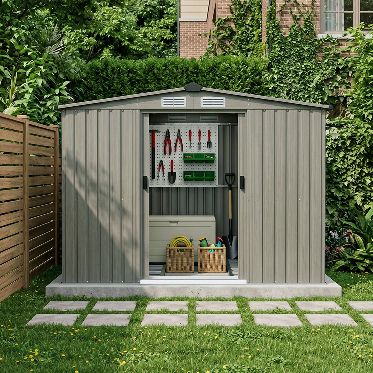 8x8FT Apex Roof Metal Garden Storage Shed with Sliding Door