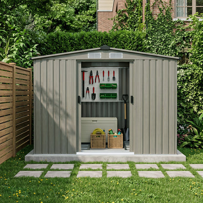 8x8FT Apex Roof Metal Garden Storage Shed with Sliding Door