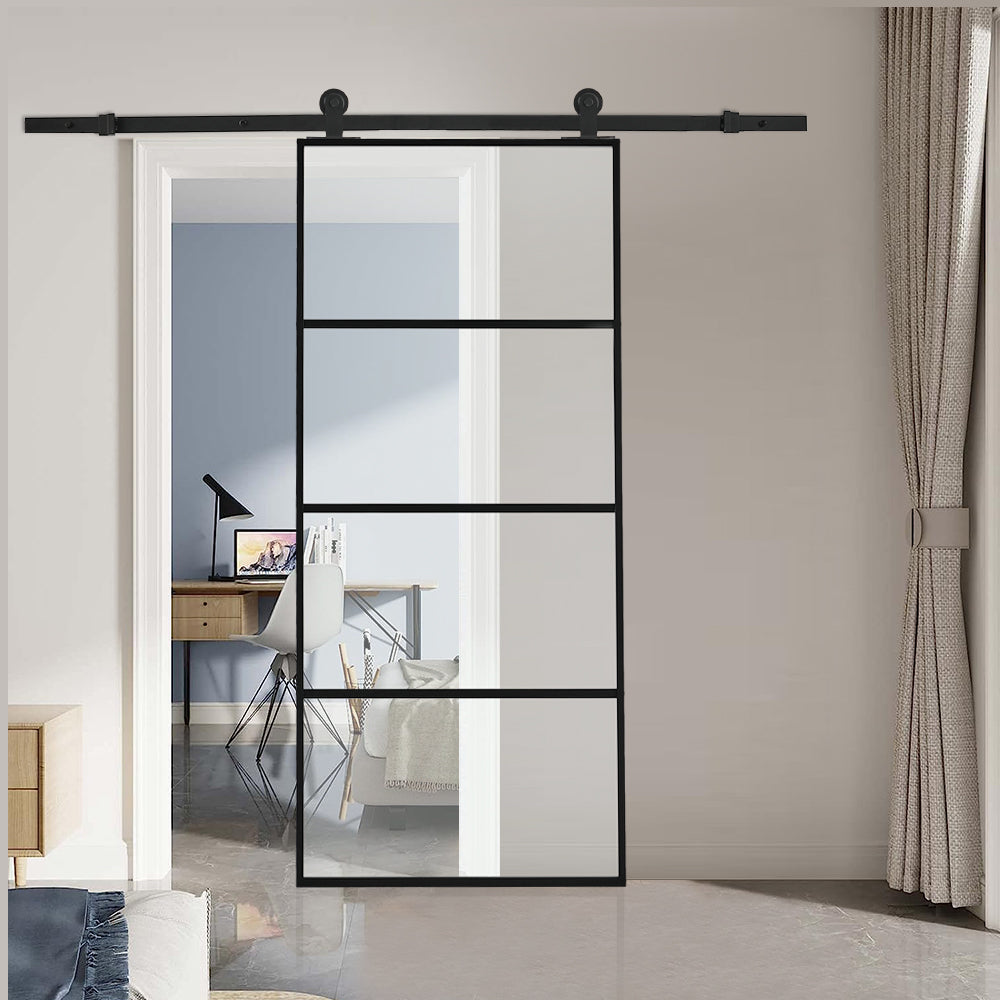 4 Lites Black Framed Transparent Glass Sliding Door without Sliding Hardware Kit