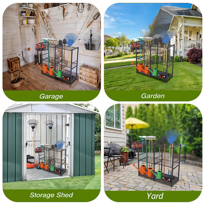 Metal Garden Tool Storage Rack with Two Tier Shelves