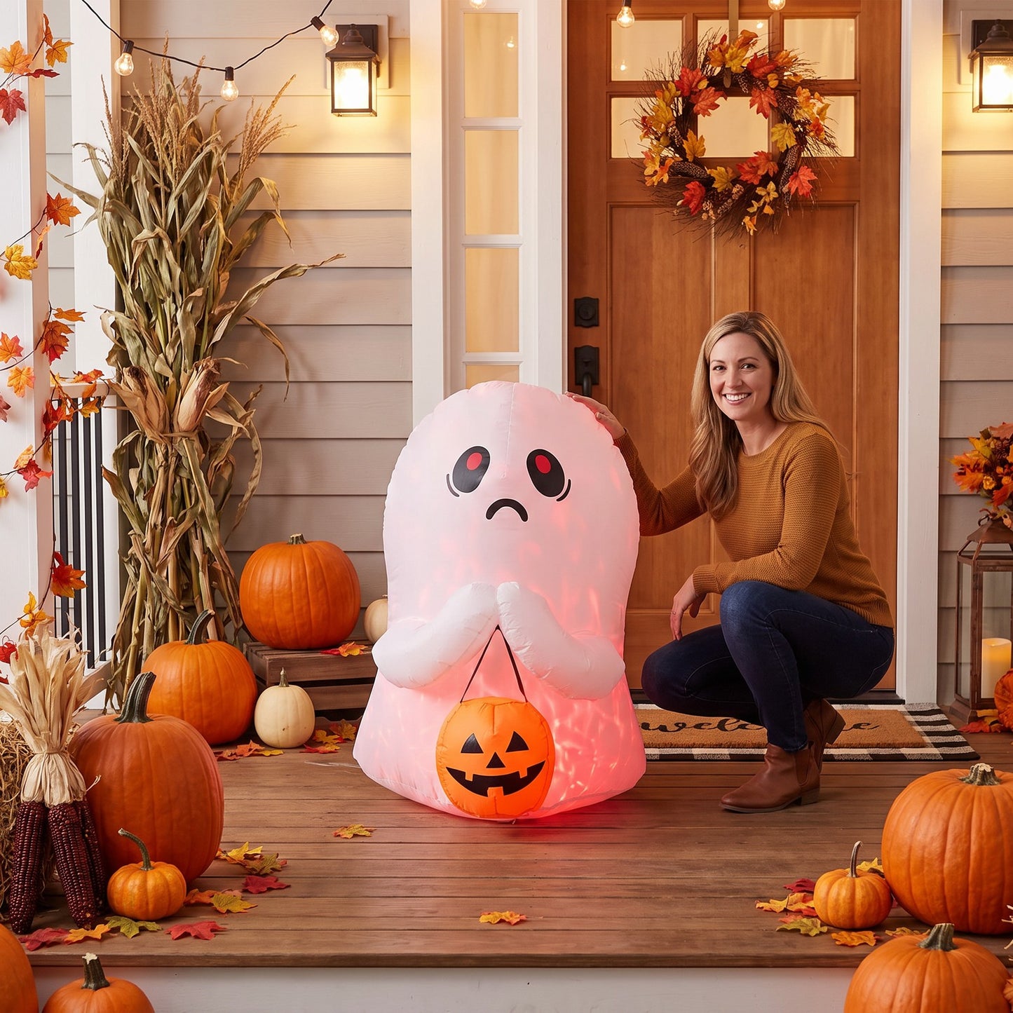 3 FT Halloween Inflatable Ghost Holding Pumpkin Bucket with LED Lights
