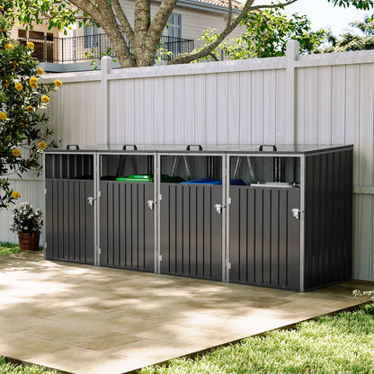 Black Metal Outdoor Garbage Bin Shed For 4 Trash Bin