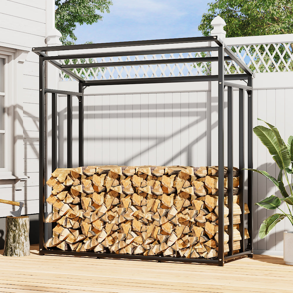 70CM Depth Metal Garden Firewood Rack Storage Shed with Roof and Cover