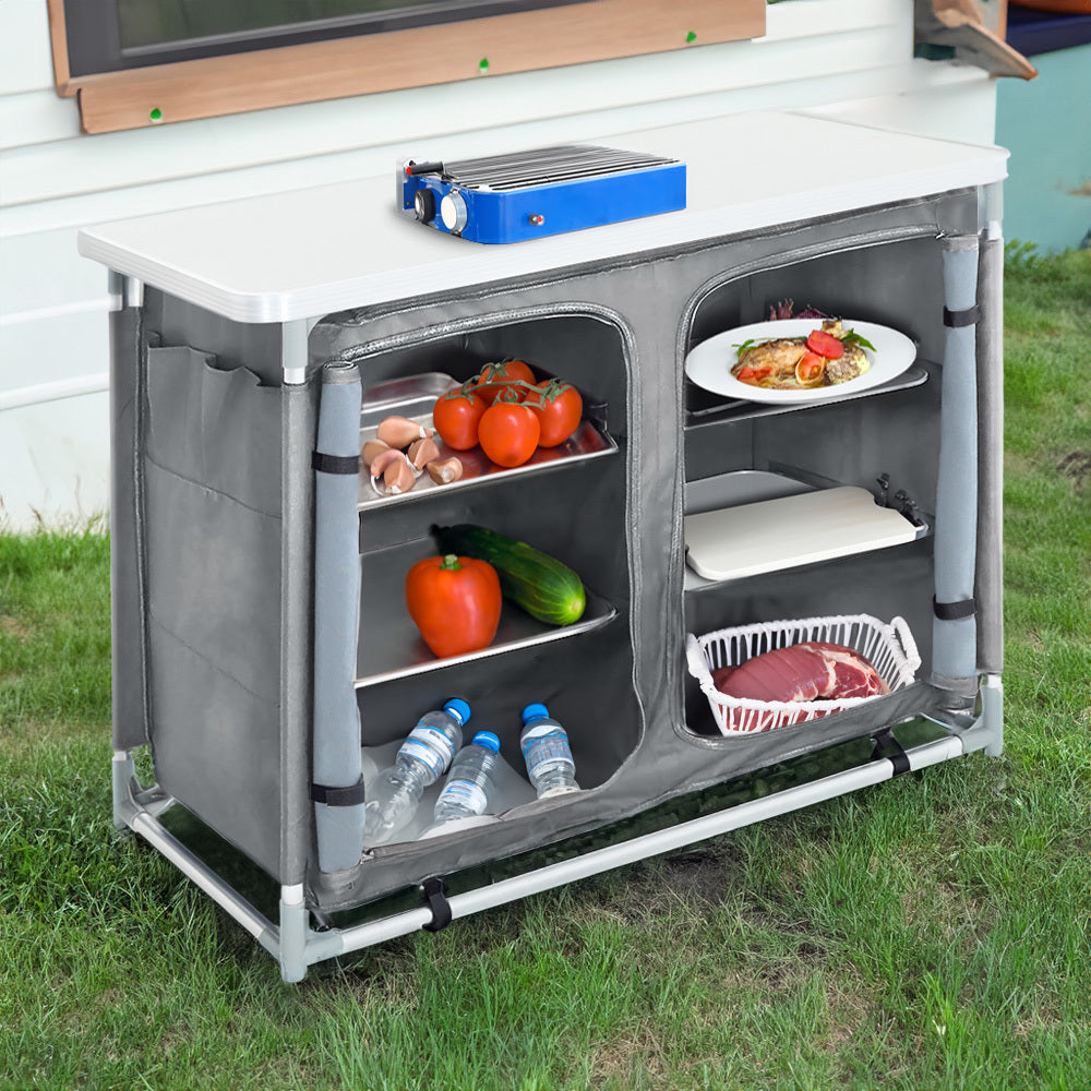 Black/Grey Portable Camping Kitchen Table Cabinet Storage