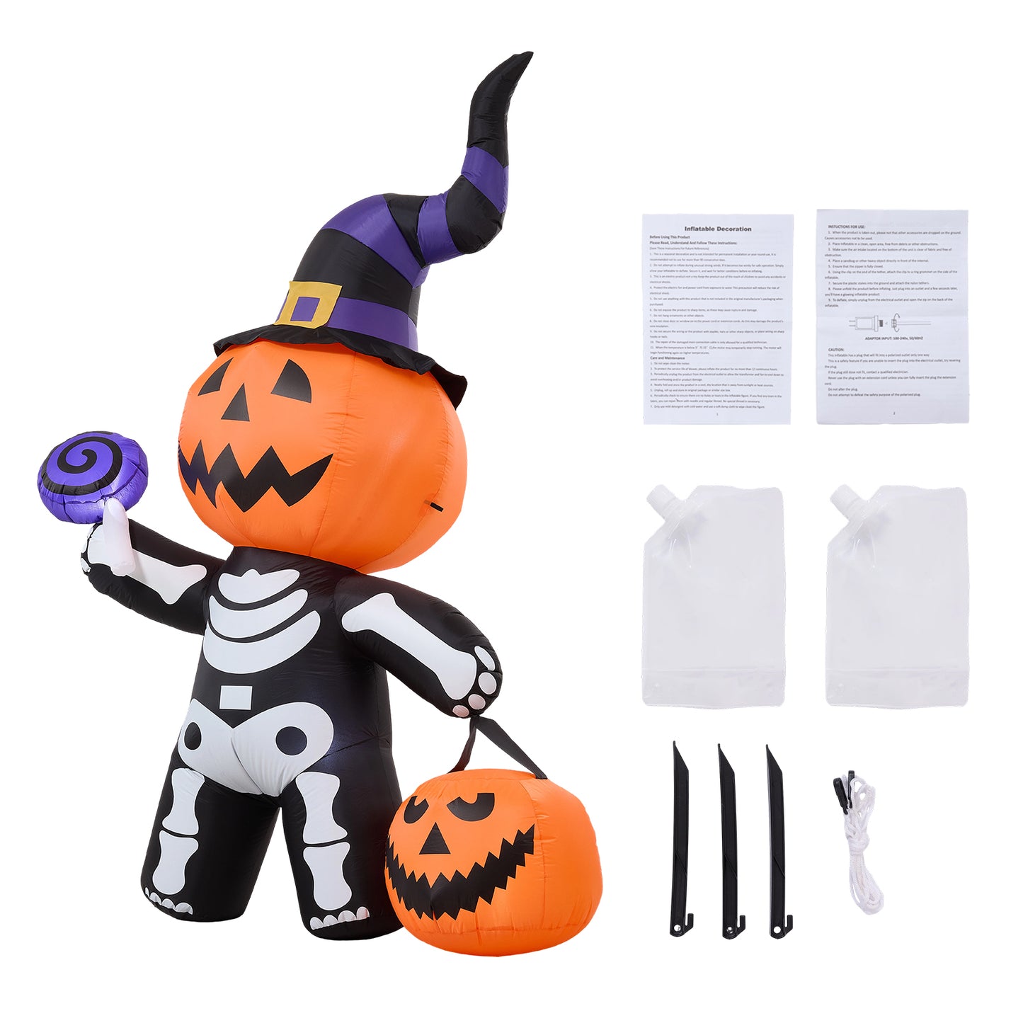 8FT Halloween Inflatable Pumpkin-Headed Skeleton Decoration with Built-in Lights
