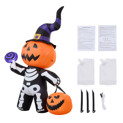 8FT Halloween Inflatable Pumpkin-Headed Skeleton Decoration with Built-in Lights