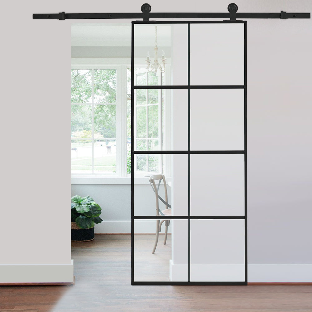 8 Lites Black Framed Transparent Glass Sliding Door without Sliding Hardware Kit