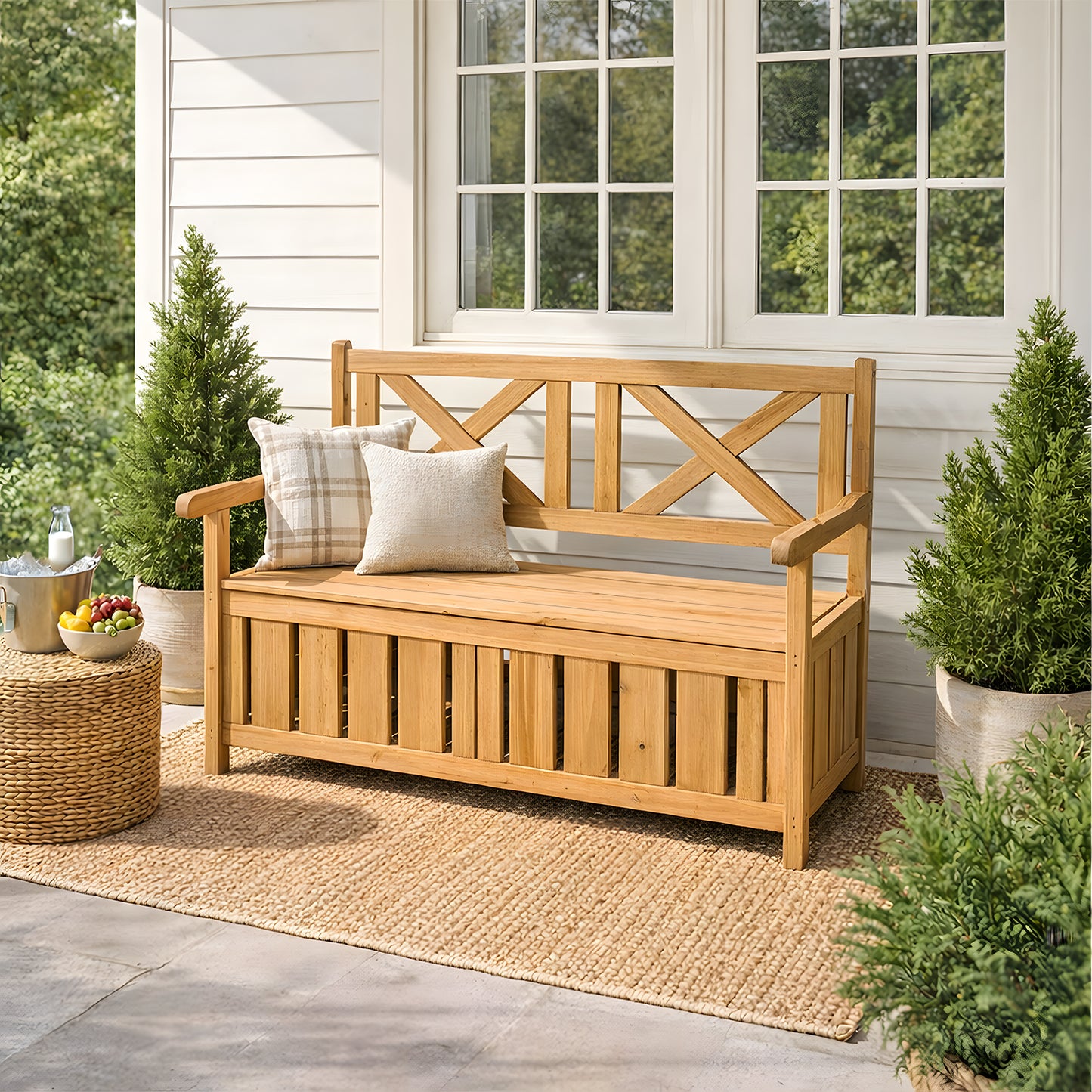 Outdoor Wooden Storage Bench with Backrest