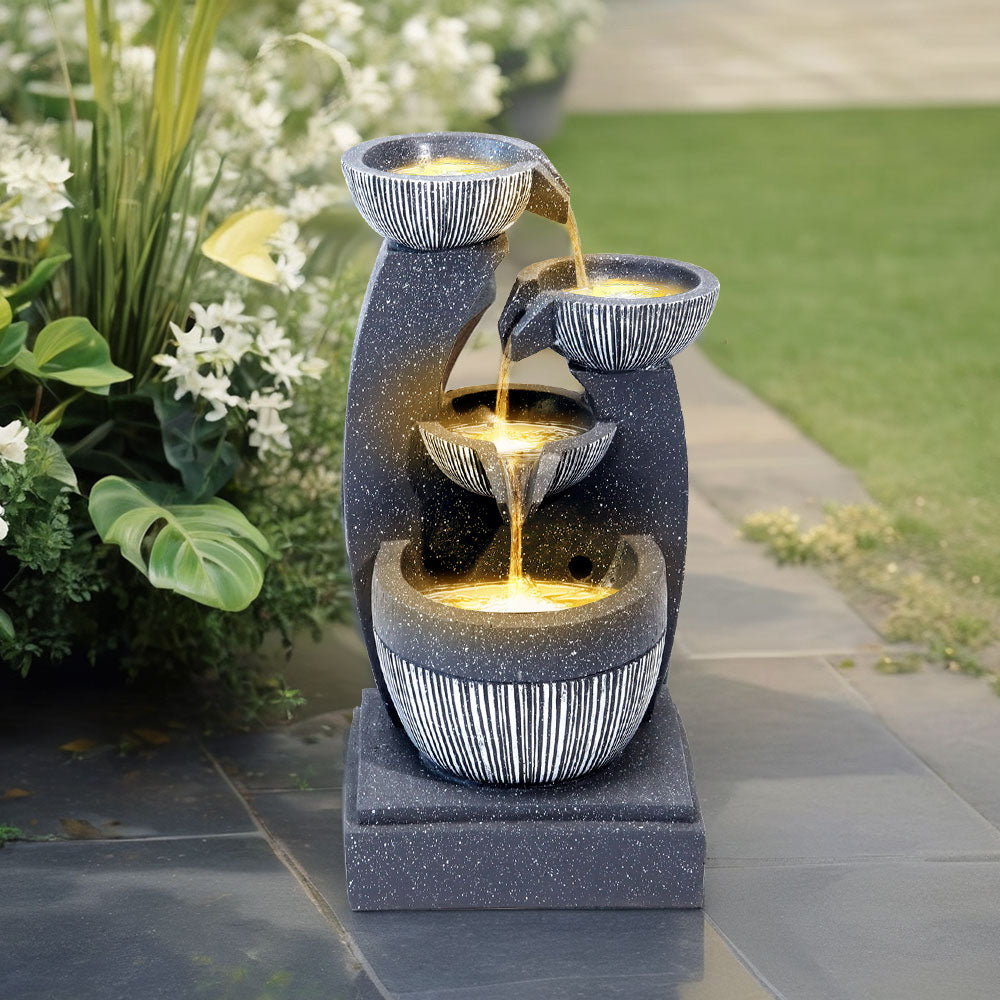 4-Tiered Garden Cascading Water Fountain with LED Lights Bowls Decorated
