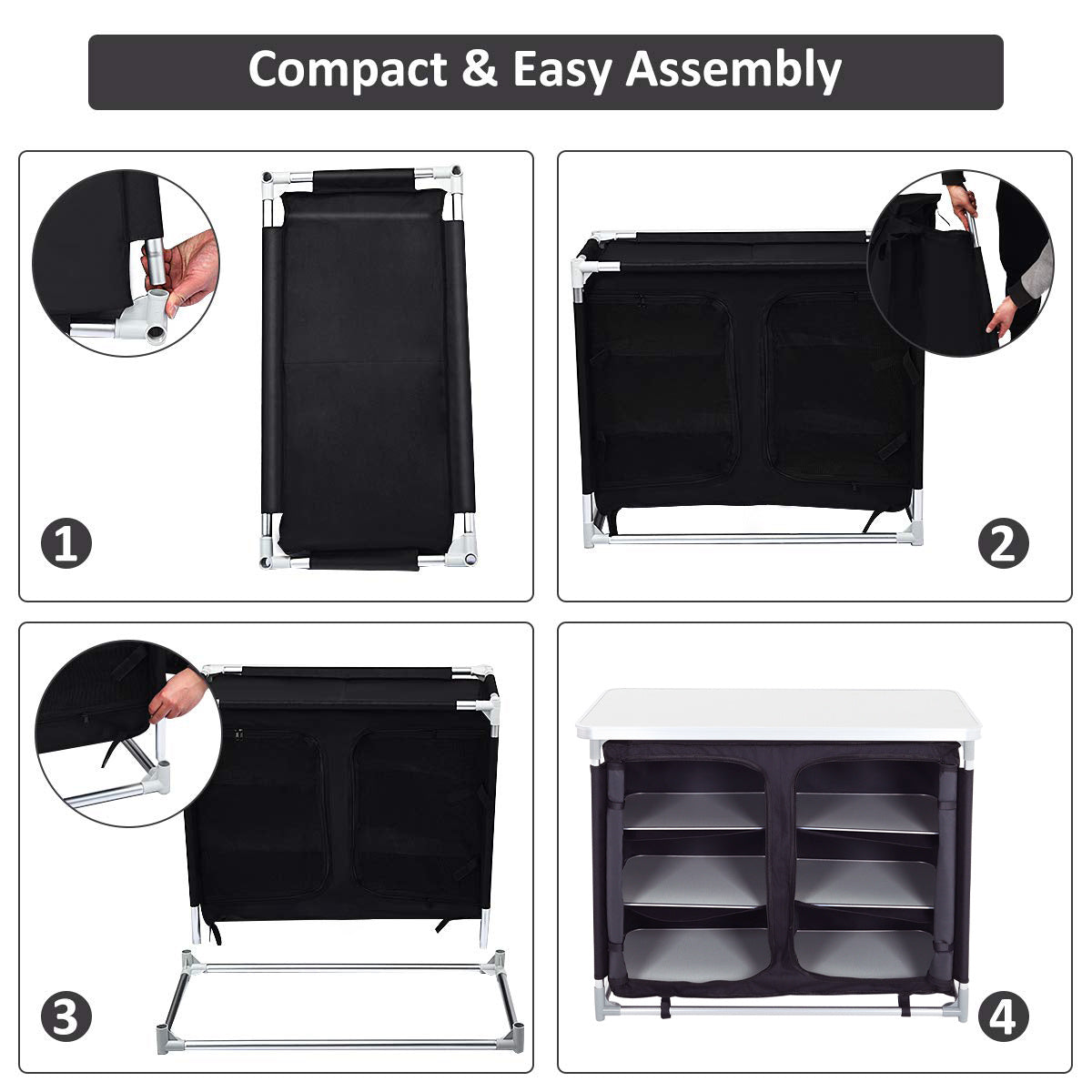 Black/Grey Portable Camping Kitchen Table Cabinet Storage