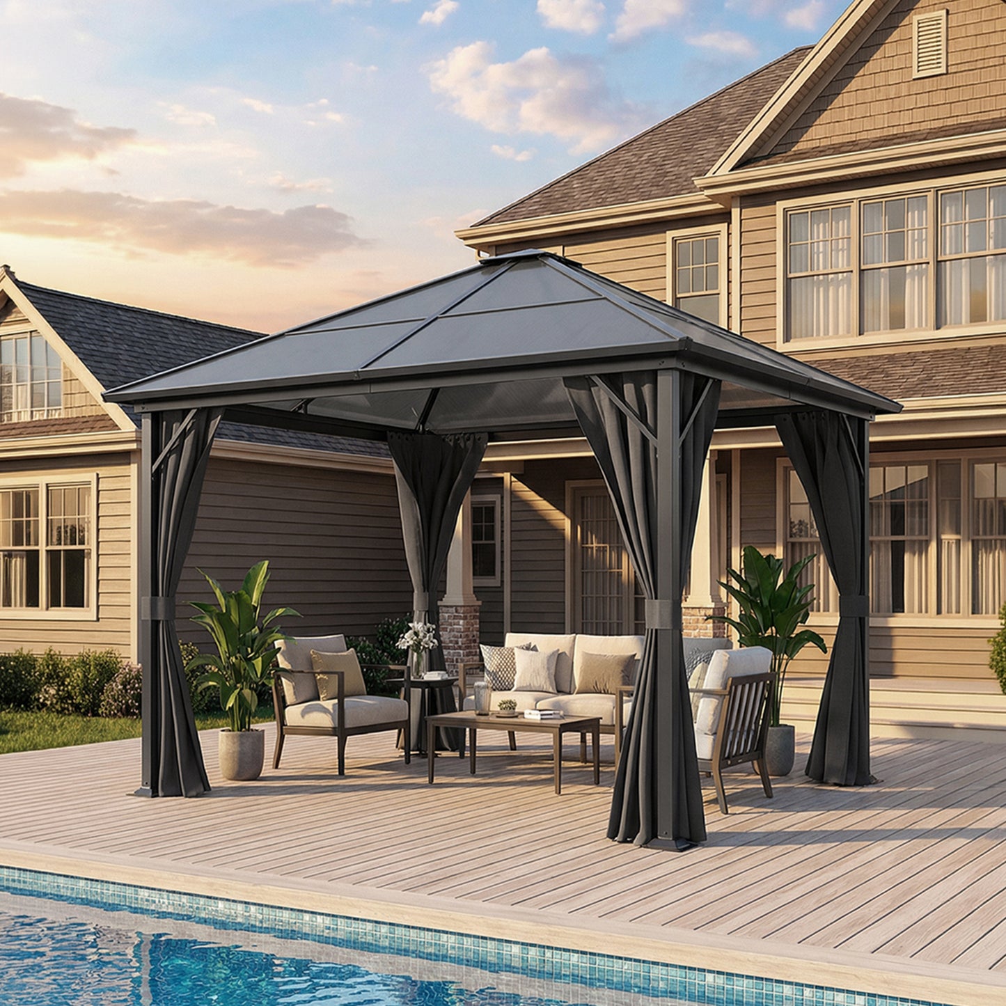 10 x 10FT Metal Frame Hardtop Patio Gazebo with Curtains
