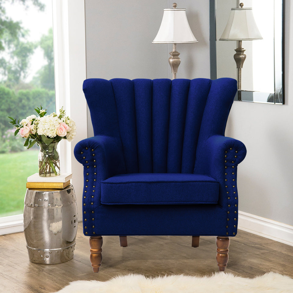 Blue/Grey Vintage Linen Upholstered Wing Back Armchair